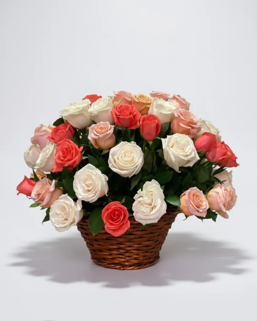 Canasto de Rosas en Tonos Mixtos